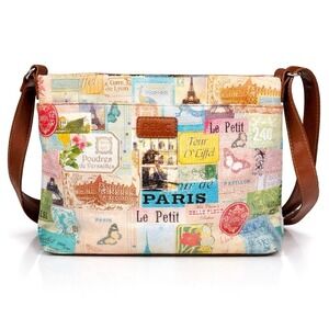 Relic Paris Themed Collage Crossbody Purse Multi Pocket Travel Bag Brown Strap